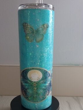 Turquoise Glitter Butterfly & Moon Stainless Steel SKINNY Tumbler 20 Oz NEW